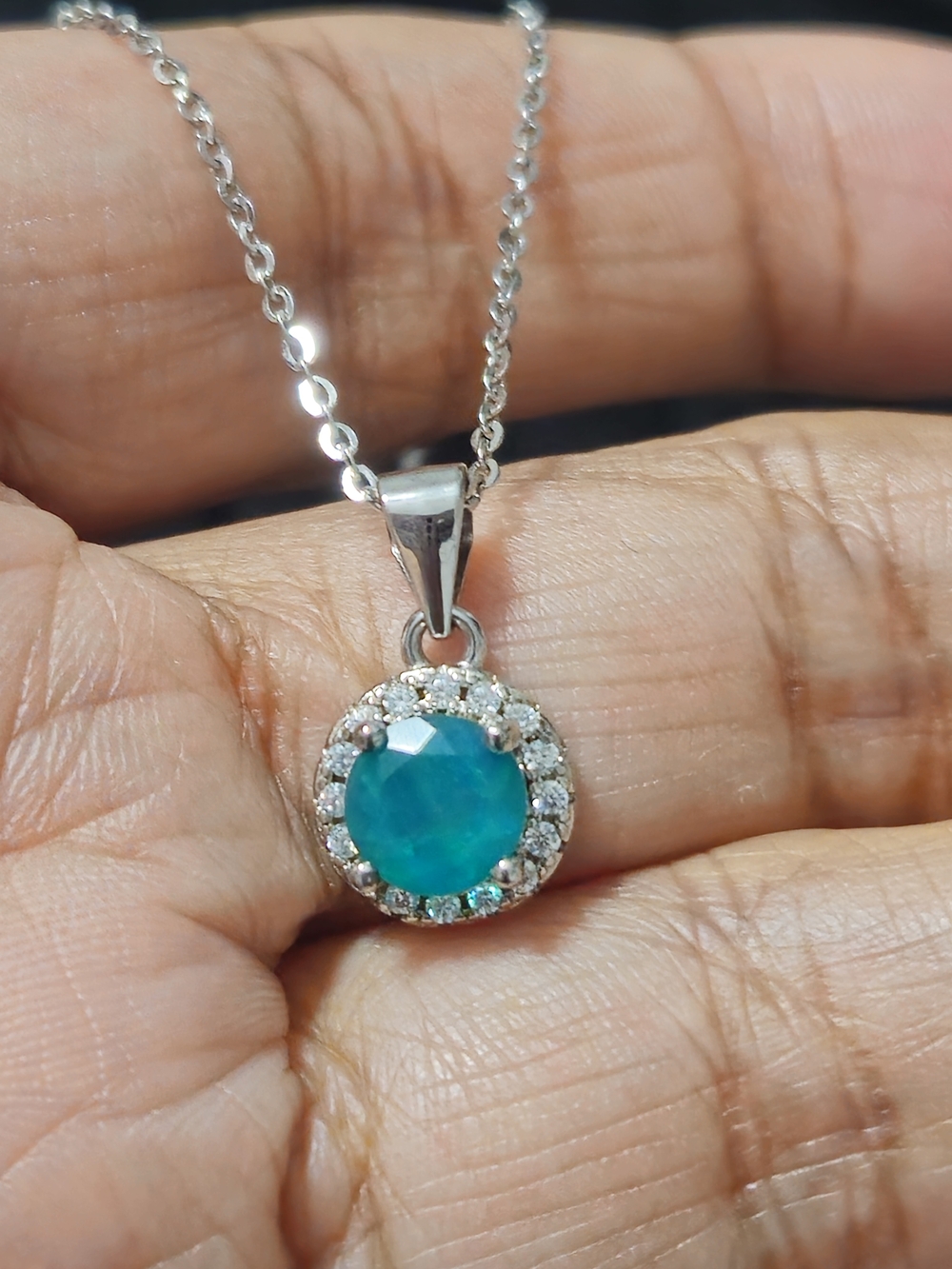 925S Blue Fire Opal Halo Pendant Necklace